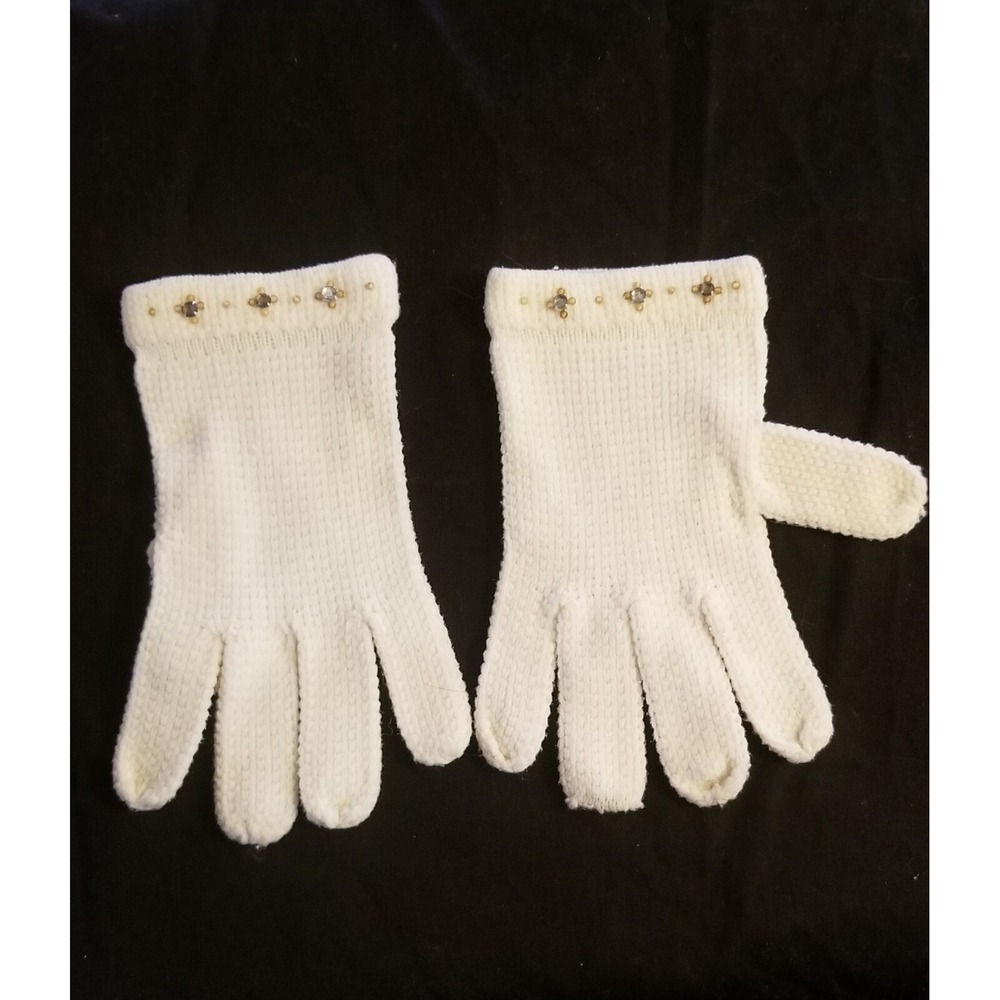 Vintage 50s 60s White Knit Rhinestoned Gloves Stretchy gloves Fashion Gloves